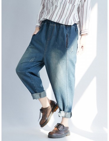 Vintage Solid Color Elastic Waist Loose Denim Pants