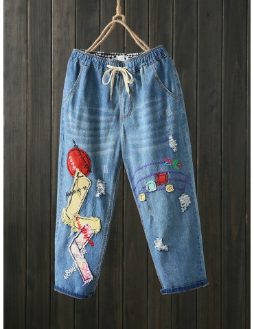 Vintage Letter Patch Drawstring Elastic Waist Denim Pants