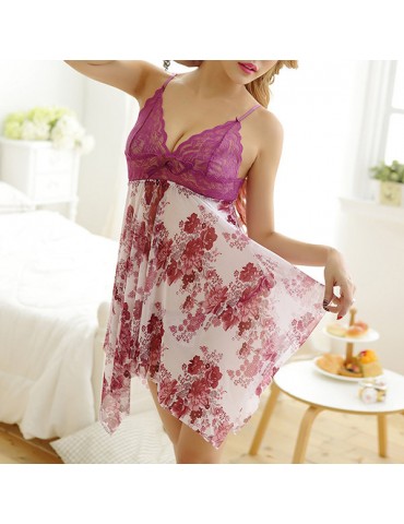 Sexy Flower Printed Deep V Bow Temptation Braces Skirt Nightdress