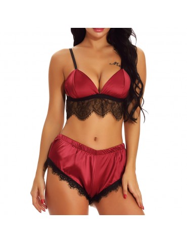 Sexy Eyelash Lace Red Lingerie Sets Christmas Pajamas