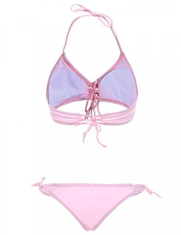 Sexy Criss Cross Straps Halter Pink Solid Color Bikini Set For Women