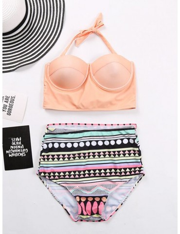 Push Up Printed Vintage Halter String Backless Bikinis Swimsuits For Women