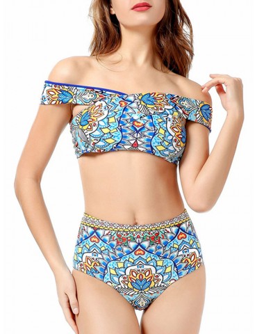 Retro Printed One Shoulder High Waist  Bikini Swimsuit Swimwear For Women