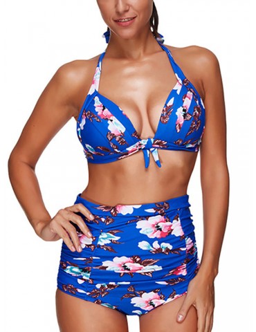 Women Sexy Halter Printing Bikini Set High Waist Deep V Swimsuit