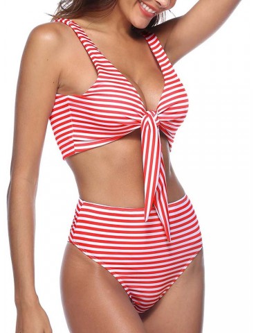 Sexy Deep V Front Tying Striped High Waist Bikini Swimwear For Women