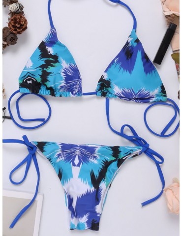 String Sexy Printed Halter Comfy Wireless Bikini Sets Swimwear