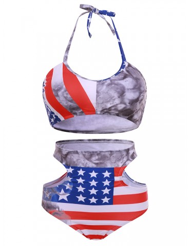 High Waisted Two Piece Wireless American Flag Backless Sexy Swimsuit