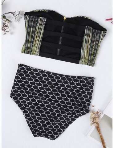 Front Zipper Fish Scale Plant Printing High Waist Strapless Tankinis Swimsuits For Women