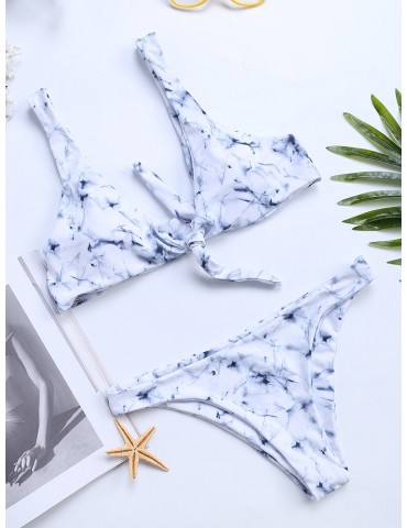 Women Sexy Tie Front Bowknot Marble Printing Backless Soft Bikinis Beach Swimsuits