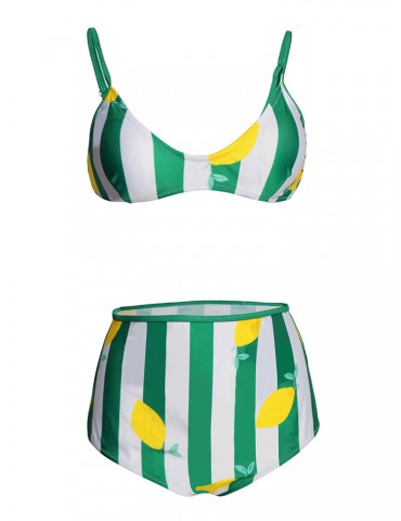 Printed Lemon Green Striped Sexy Bikini Swimwear For Women