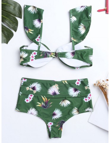 Printed Flounce Strap High Waist Tie Front Backless Bikinis Swimsuits For Women