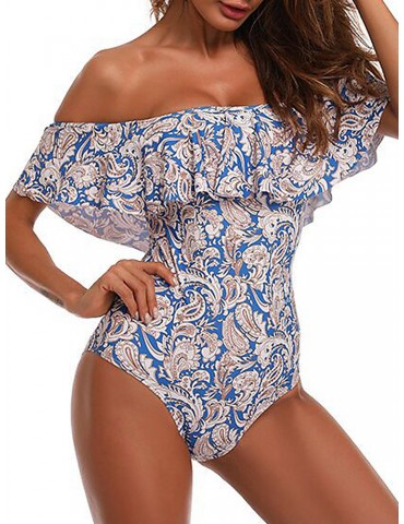 Women One Shoulder Flounce Printed One Piece Figure Flattering Swimsuits