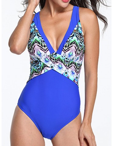 Plus Size Sexy Deep V Printed Waist Slimming One Piece Swimwear