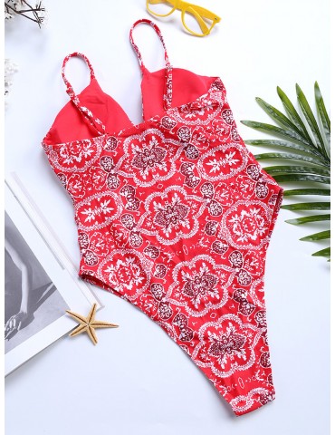 High Fork Printed Retro Bustier Scoop Back Deep V One Piece Swimsuits For Women