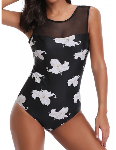 Patchwork Mesh Printed U Back One Piece Swimwear For Women