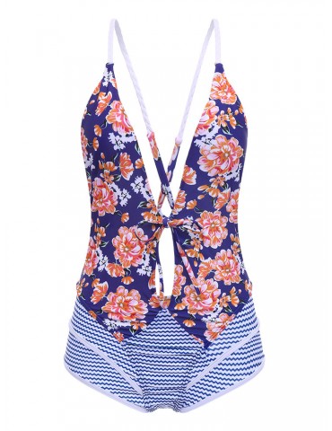 Sexy Printed Stripe Patchwork Tie Front Bowknot Solid Color Monokini Swimsuits For Women