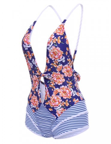 Sexy Printed Stripe Patchwork Tie Front Bowknot Solid Color Monokini Swimsuits For Women