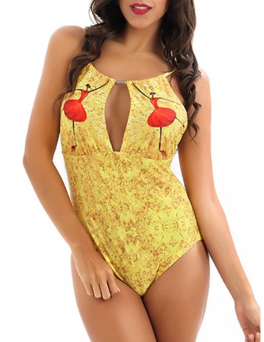 Sexy Yellow Backless One Pieces Front Keyhole Swimwear