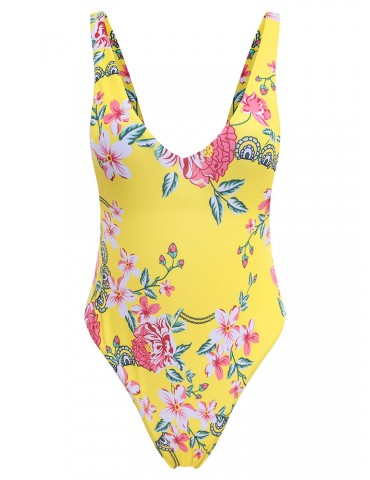 Printed High Waist Thong Scoop Back Sexy Monokini Swimwear For Women