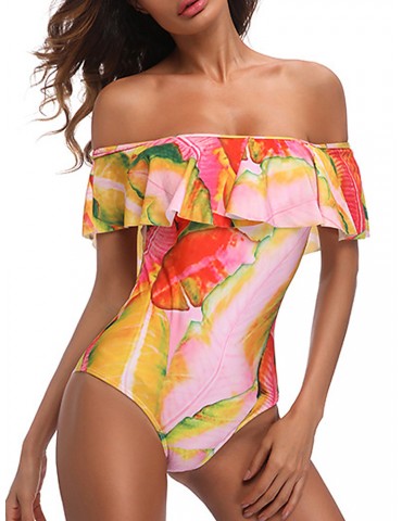 Lotus Leaf Sleeve Printing With Padding Wireless One Piece Swimsuit Swimwear For Women