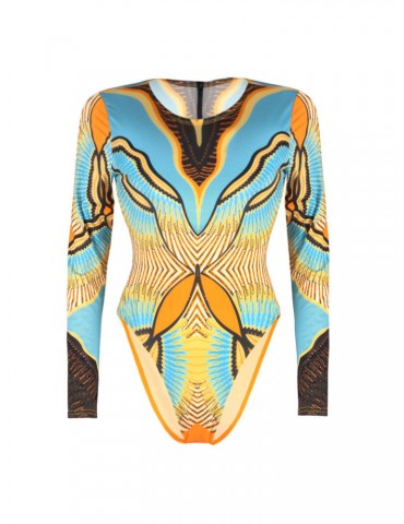 Digital Printing Slimming Round Neck Long Sleeve Back Zip One Piece