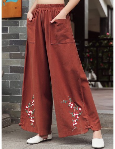 Vintage Ethnic Style Solid Color Embroidered Wide-leg Pants