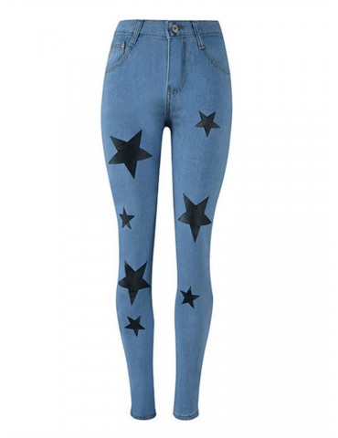 Casual Print Stars Pockets Zipper Denim