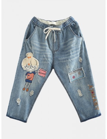 Cartoon Patch Embroidery Elastic Waist Casual Jeans