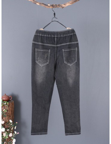 Retro Embroidered Elastic Waist Jeans