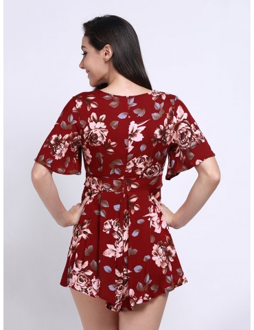 Women Sexy Vintage Floral Print V Neck Playsuit