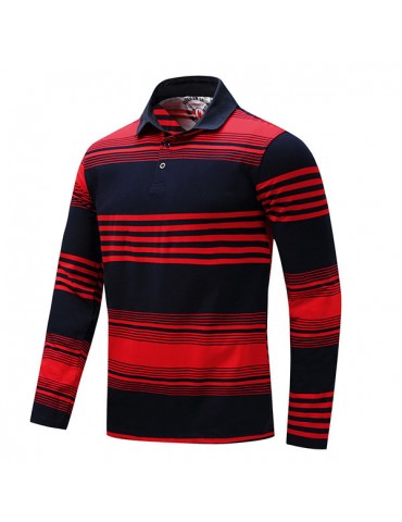 Mens Fashion Stripe Color Long Sleeve Lapel Collar Cotton Casual Golf Shirt