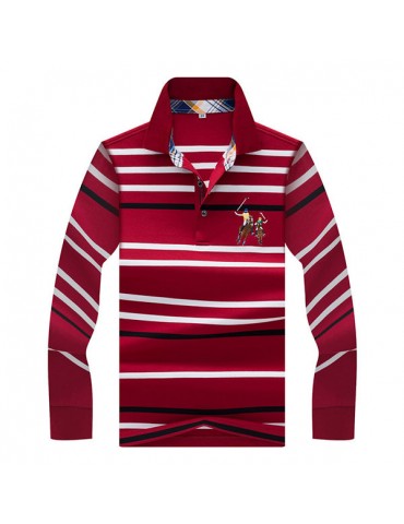 Mens Embroidery Logo Striped Printed Golf Shirt Spring Fall Long Sleeve Casual Business Tee Tops