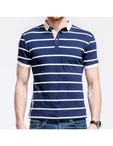 Mens Stripes Pattern Golf Shirt Turn-down Collar Short Sleeve Casual Tops