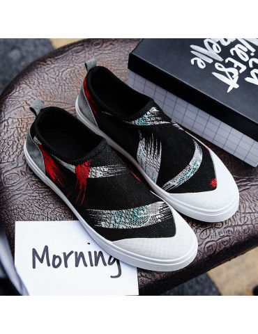 Men Breathable Fabric Color Blocking Slip On Tariners Flat Casual Sneakers