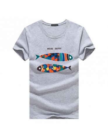 Mens Fish Printed O-neck Short Sleeve Summer Casual T Shirts