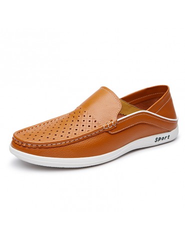 Men Hole Leather Breathable Slip Resistant Casual Driving Loafers