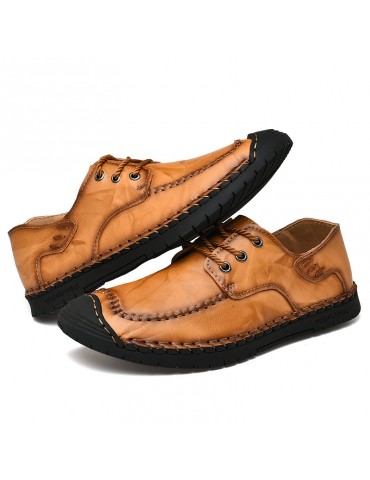 Men Classic Hand Stitching Comfy Soft Lace Up Leather Shoes