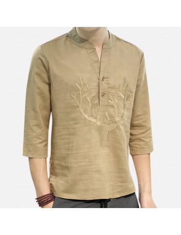 Men's Chinese Style T-shirt Summer Half-Sleeves V-neck Collar Embroidery Tops