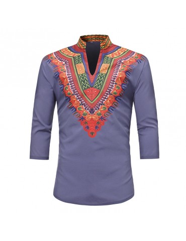 Mens African Ethnic Style 3D Printed Stand Collar 3/4 Sleeve Casual T Shirts