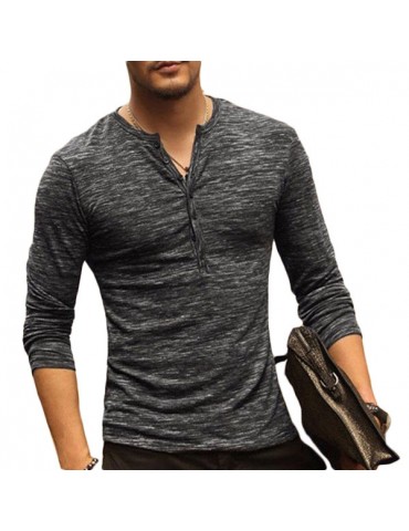 Mens Breathable Cotton Casual T shirt Buttons Design Half-cardigan Slim Fit Long Sleeve Tops