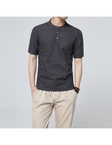 Mens Cotton Linen Chinese Style Retro Solid Color Stand Collar Summer Casual T Shirts