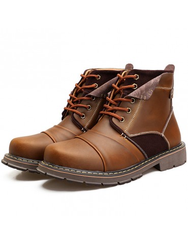 Men Retro Genuine Leather Splicing Slip Resistant Outdoor Casual Boots