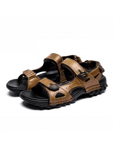 Men Double Hook Loop Outdoor Slip Resistant Comfy Leather Sandals