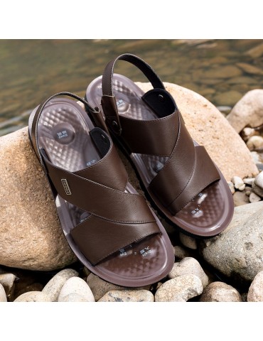 Men Genuine Leather Pure Color Non-slip Casual Beach Sandals