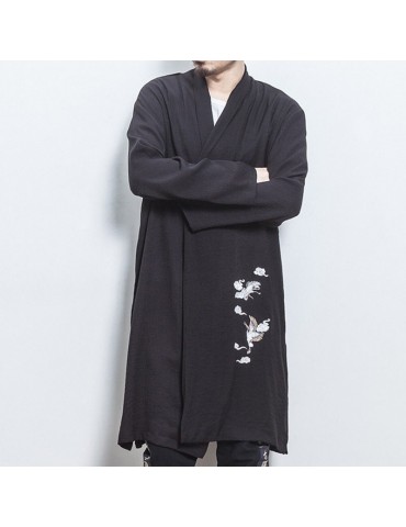 Mens Mid-long Crane Embroidered National Style Long Sleeve Open Up Black Casual Jacket