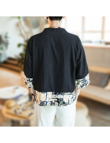 Men Printing Short Sleeve V Neck Loose Cotton Linen Coat