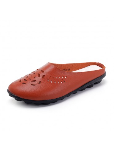 Hollow Backless Leather Comfortable Soft Flat Casual Shoes