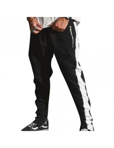 Mens Zipper Decorative Elastic Waist Stitching Color Slim Fit Casual Jogger Pants