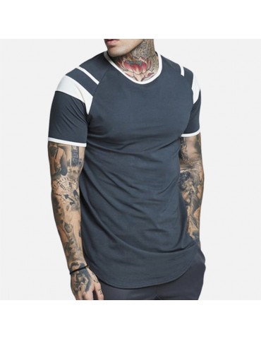 Mens Fashion Patchwork Sport Short Sleeve Elastic Quick-drying Casual Tops