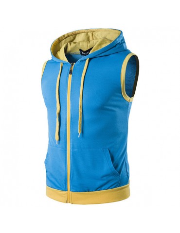 Mens Summer Casual Vest Fashion Stitching Color Sleeveless Hooded Vest